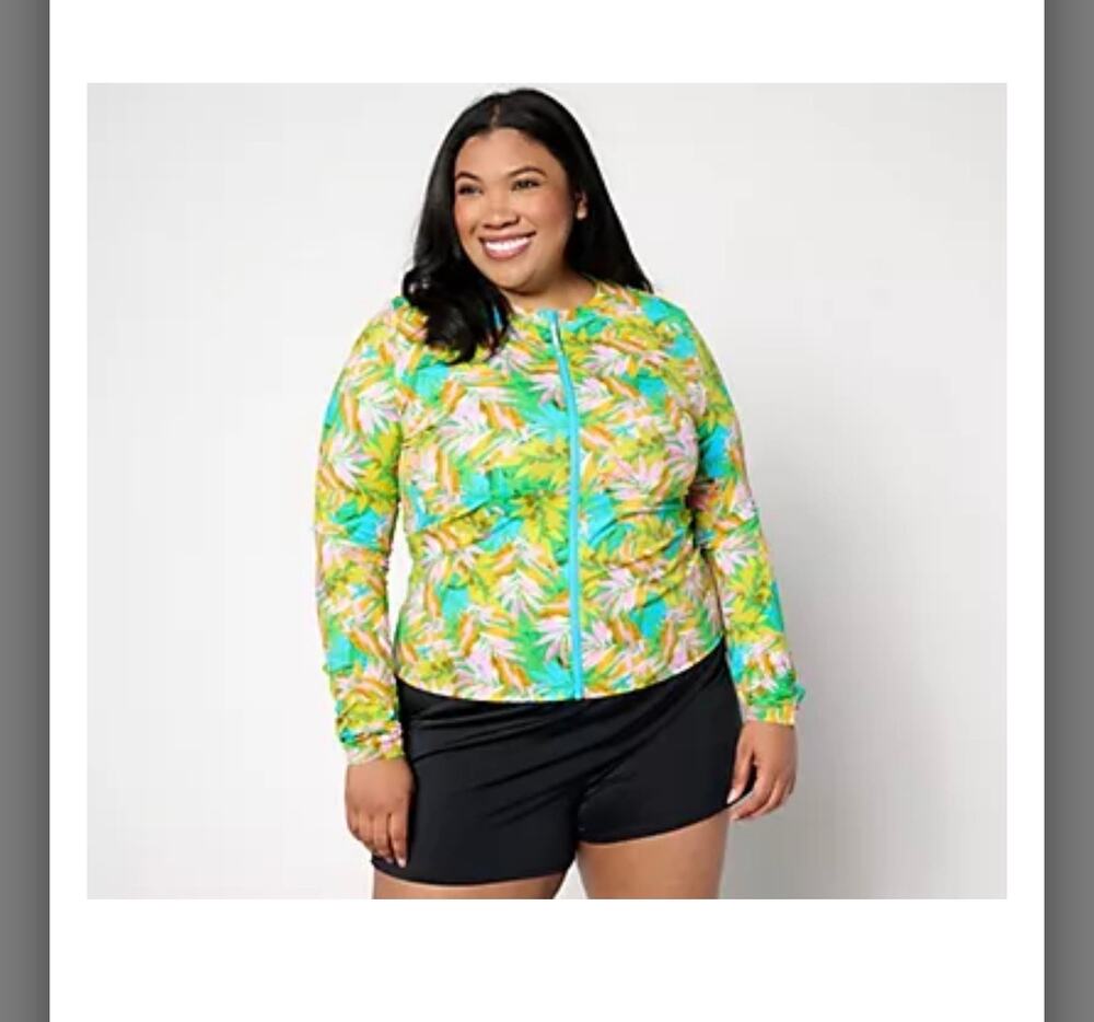 Kim Gravel x Swimsuits For All Zip-Front Swim Cardigan Caribbean palms Sz 16